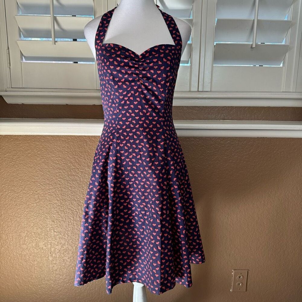 Heart Of Haute S Retro Halter Neck Pin Up Dress Blue Heart Print Rockabilly Mod